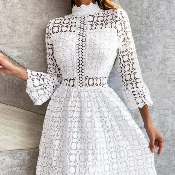 White mock neck Mesh Insert Flounce Sleeve Lace Dress - Picture 5 of 7
